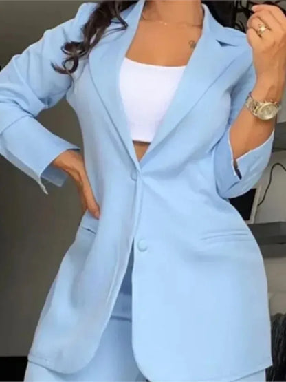 Elegante outono feminino blazer calças conjunto de duas peças roupas femininas moda gola entalhada casaco & calça; Terno de calças com design de bolso