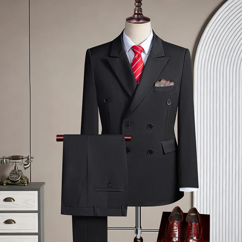 Terno Casual Masculino de Três Peças com Abotoamento Duplo para Festas e Casamentos, Traje Coreano de Cor Sólida Leve e Elegante