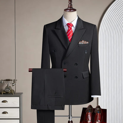 Terno Casual Masculino de Três Peças com Abotoamento Duplo para Festas e Casamentos, Traje Coreano de Cor Sólida Leve e Elegante