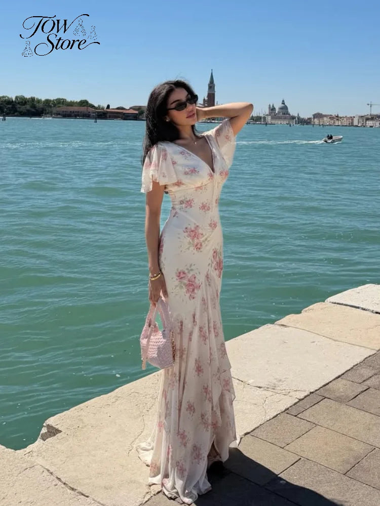 Vestido Longo Plissado com Mangas Borboleta para Mulheres, Decote V Profundo, Estampa Floral, Sexy, com Cintura Ajustável, Vestidos Femininos para Férias e Passeio