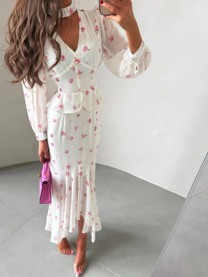 Vestido Midi Plissado com Decote em V e Cintura Marcada, Manga Curta com Lapela, Cintura Alta, Elegante, Novo, Feminino, Verão
