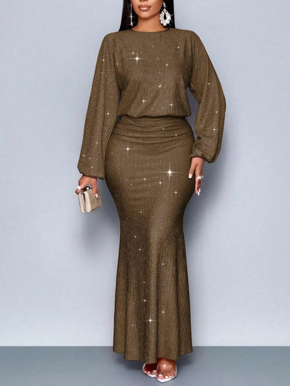 Vestido Elegante de Manga Longa com Decote Redondo e Cintura Alta para Mulheres, Vestido de Festa Formal Chic para Noite