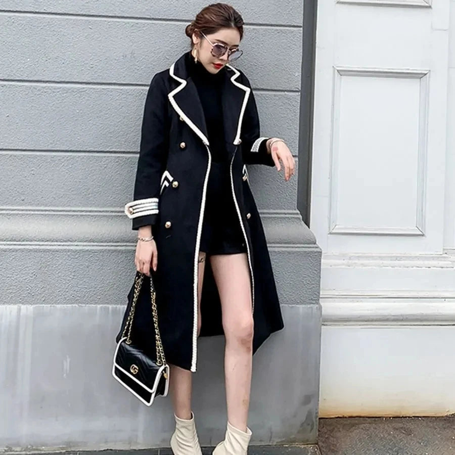 Casaco feminino longo branco de lã, estilo britânico Hepburn, grosso, slim, com abotoamento duplo, novo modelo de roupa de inverno.