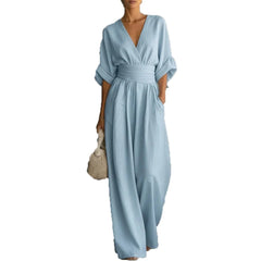 Sexy Deep V Neck Women's Jumpsuits Elegant High Waist Romper Casual Wide Leg Loose Pants Overalls Vacation Outfits MYQ-ZY7723