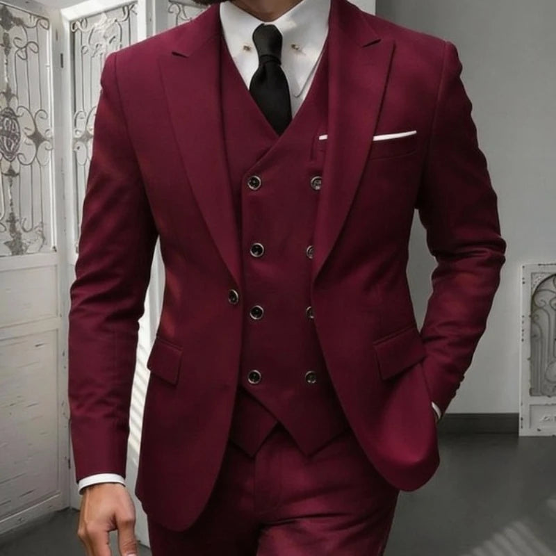 Men's Classic 3-Piece Suit Set - Slim Fit Notched Lapel Blazer with Vest & Pants, Versatile Formal Outfit for Business & Events