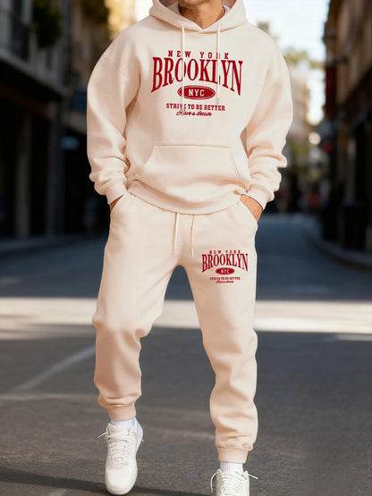 Brooklun New York Letter Print Man'S Hoodie Set Loose Pocket Two Pices Sets Fleece Autumn Hoodies Casual Fashion Sweatpants