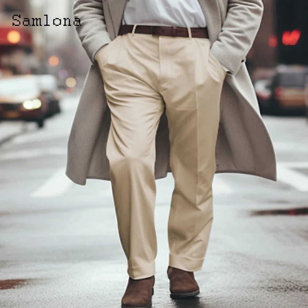 2023 masculino suporte bolso elegante calças de perna larga sólido branco festa de casamento calças plus size moda masculina botões até terno calças