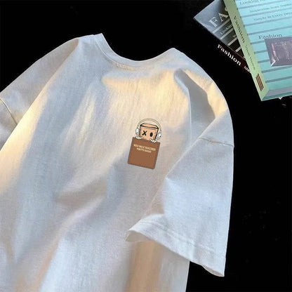 Camiseta masculina de algodão com estampa simples, estilo vintage americano, modelagem ampla, manga curta, gola redonda, unissex.