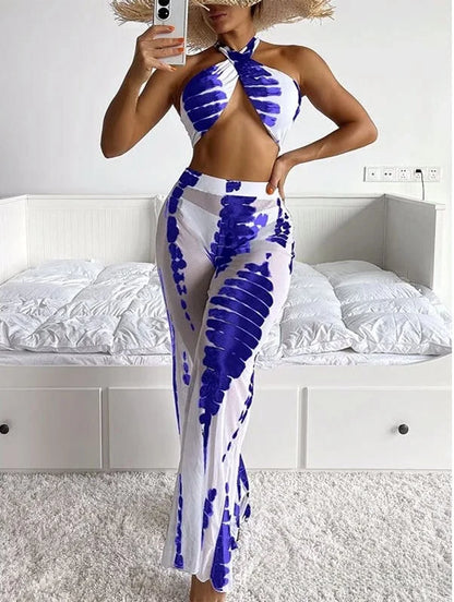 Conjunto de Biquíni Sexy de Três Peças com Calças Longas Estampadas, Moda Fena, Roupa de Banho Casual para Surf com Bojo ...