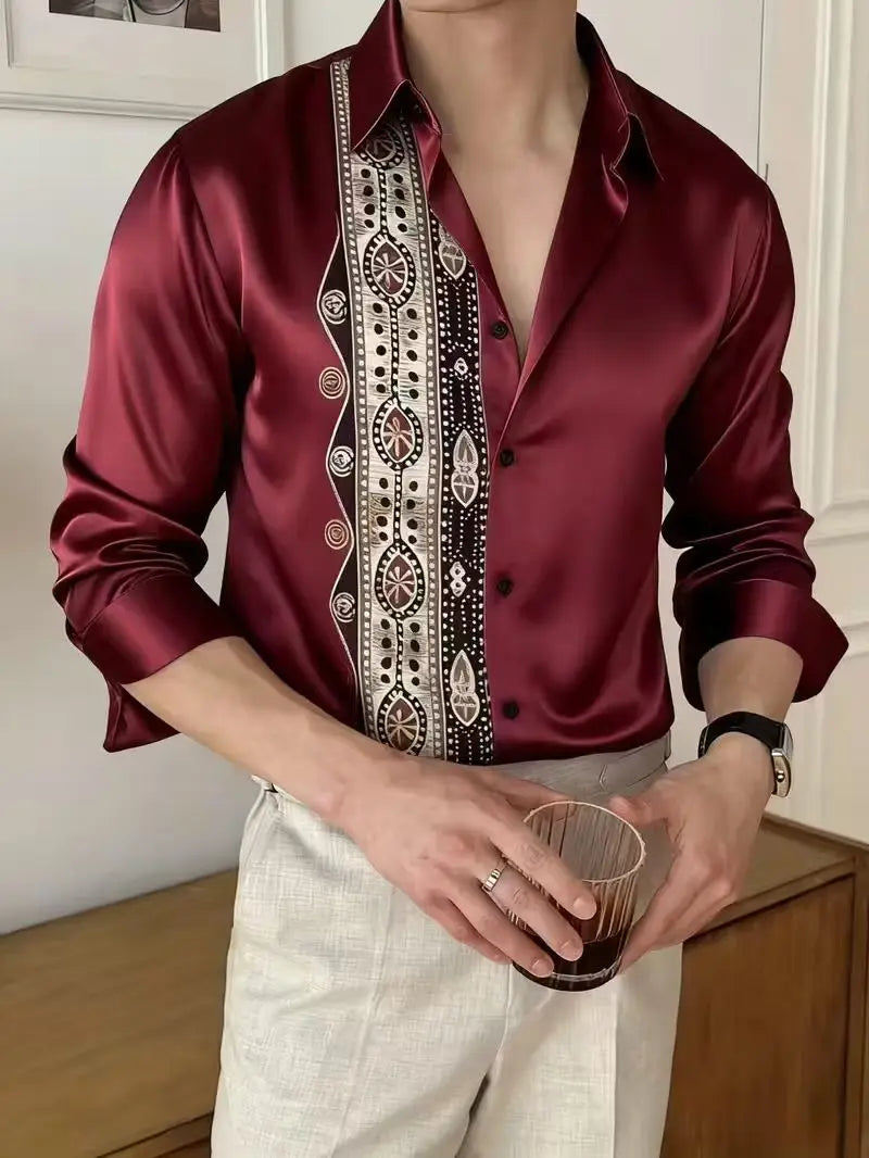 Nova camisa masculina estilosa com estampa 3D de chamas, design casual com botões e manga comprida.