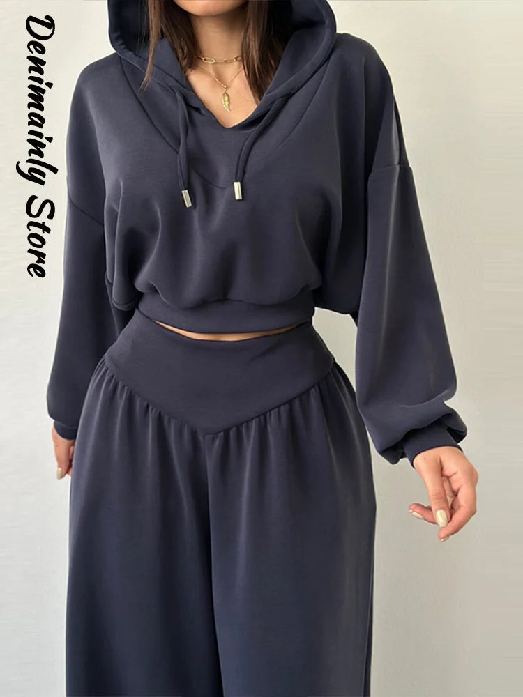 Casual azul escuro recortado calças com capuz conjunto feminino solto curto pulôver cintura alta calças de perna larga 2 peça conjunto 2026 femmes outfit