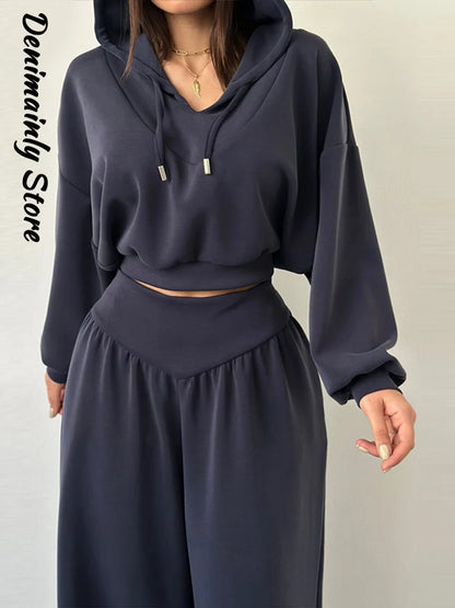 Casual azul escuro recortado calças com capuz conjunto feminino solto curto pulôver cintura alta calças de perna larga 2 peça conjunto 2026 femmes outfit