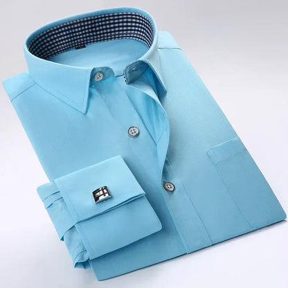 Quality French Cufflinks Shirt Men's Long Sleeve Tuxedo Male Brand Slim Fit White Button Cuff Social Men Dress Shirts