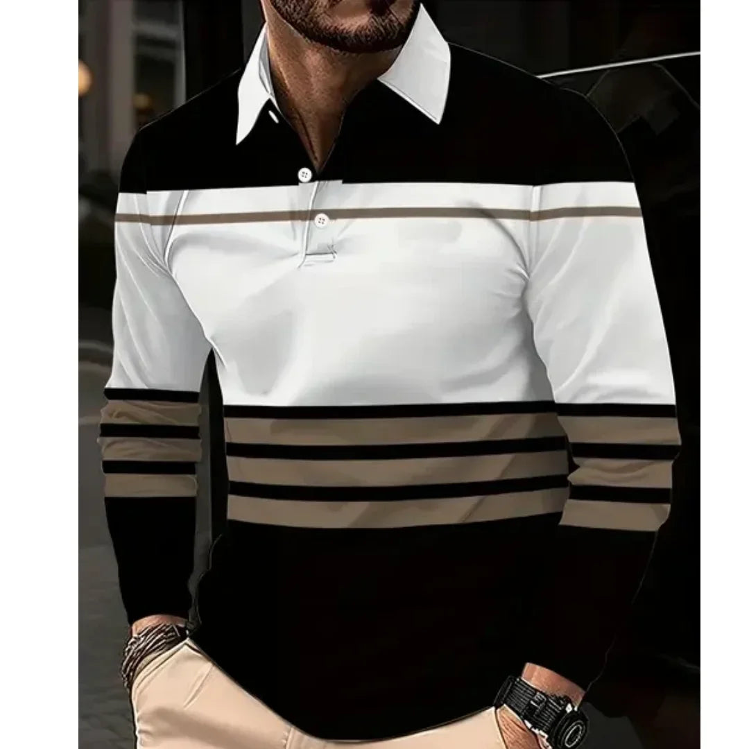 Classic minimalist striped long-sleeved men's polo shirt, fashionable autumn and winter men's casual golf oversized sportswear