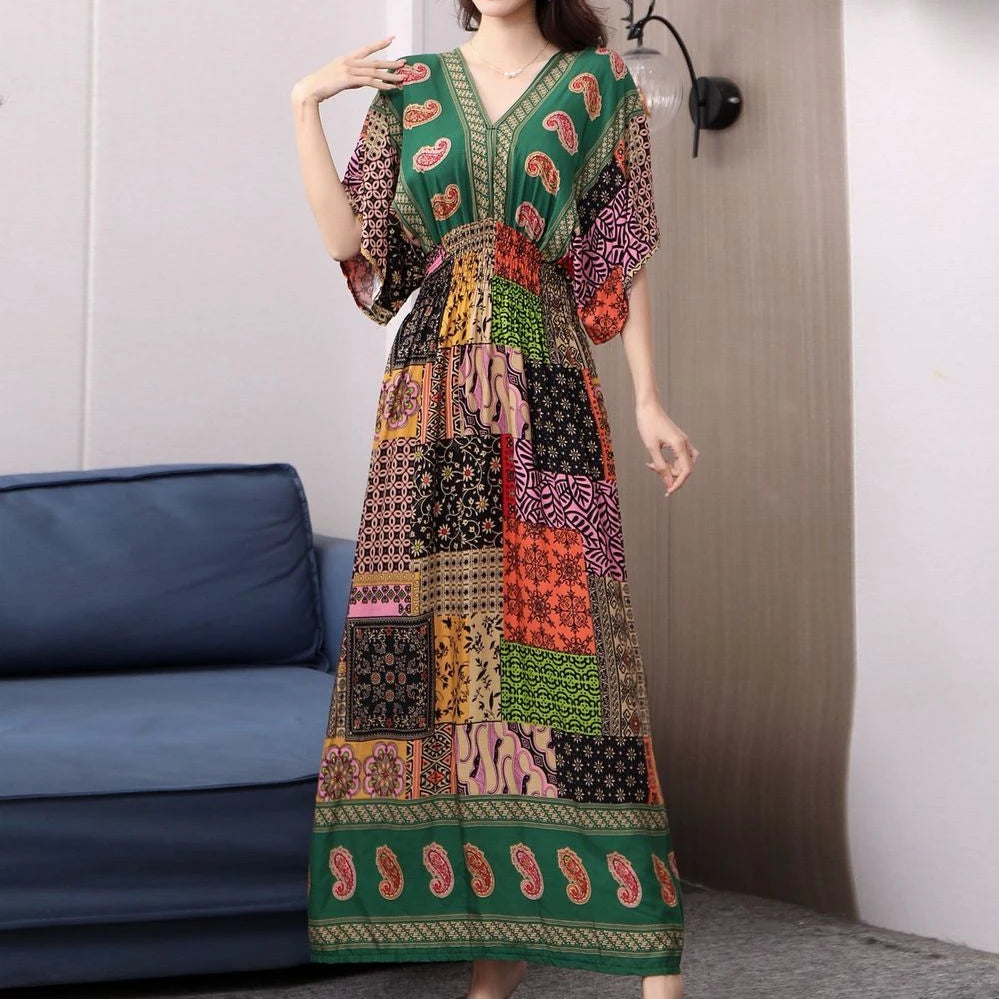 Flor colorida com decote em v elástico jovem boêmio doce midi vestido mulher roupas chique moda vestidos de verão 2025 grande balanço esqui