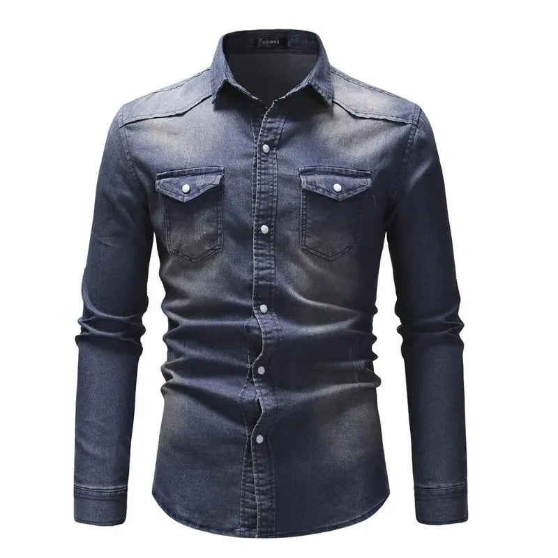 Camisa Jeans Vintage Masculina KIDWHXR com Gola Dobrável, Manga Longa, Slim, Casual, Estilo Cargo, com Botões