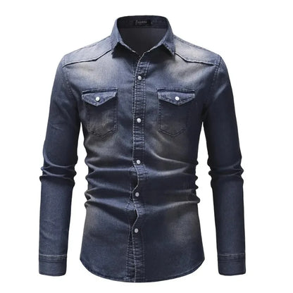 Camisa Jeans Vintage Masculina KIDWHXR com Gola Dobrável, Manga Longa, Slim, Casual, Estilo Cargo, com Botões