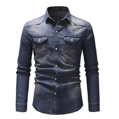 Camisa Jeans Vintage Masculina KIDWHXR com Gola Dobrável, Manga Longa, Slim, Casual, Estilo Cargo, com Botões