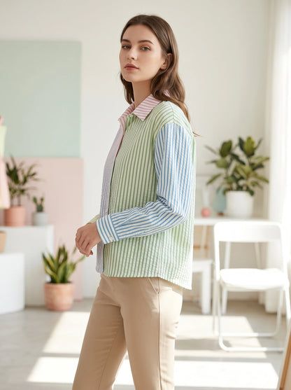 Camisa feminina Gadinus com listras coloridas e manga comprida, blusa casual com botões, ajuste padrão