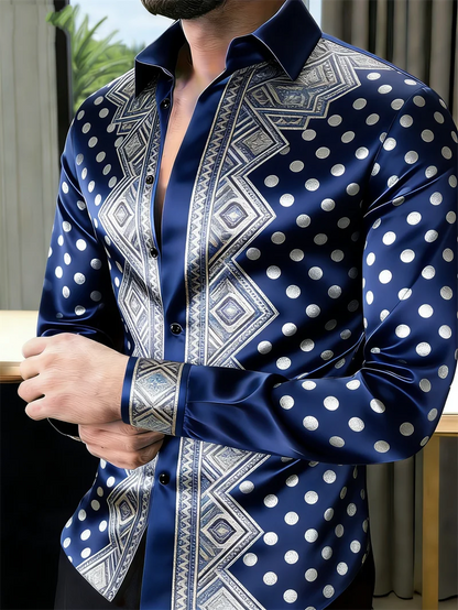 Nova camisa masculina de manga comprida com 11 cores, estampa 3D dourada, padrão de bolinhas moderno, estilo luxuoso.