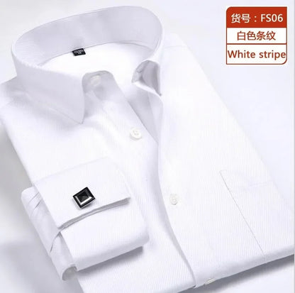 Qualidade e suave formal masculino francês manguito vestido camisa masculina manga longa sólido listrado estilo camisas masculinas abotoaduras incluem plus size