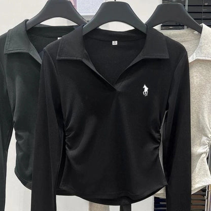 Polo pescoço bordado plissado curto topos primavera outono manga longa magro all-match casual t camisas moda vintage roupas femininas