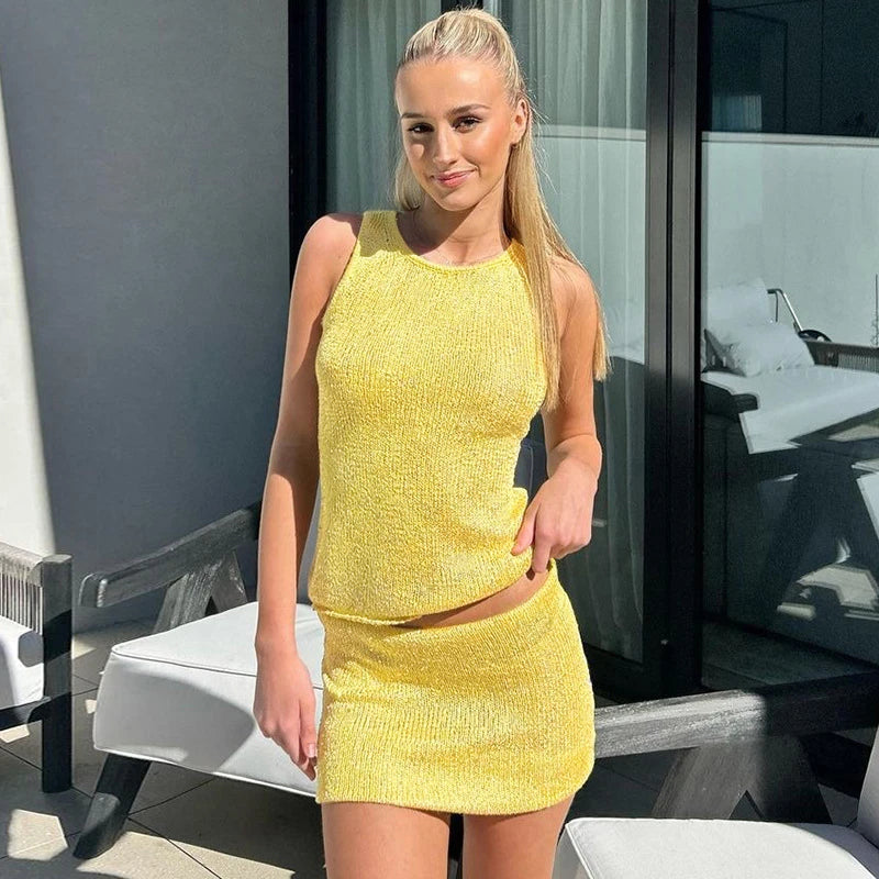 Sexy lantejoulas mini saias define feminino gola quadrada sem mangas estilingue tanque superior hip pacote saia 2025 verão chique y2k outfits senhora