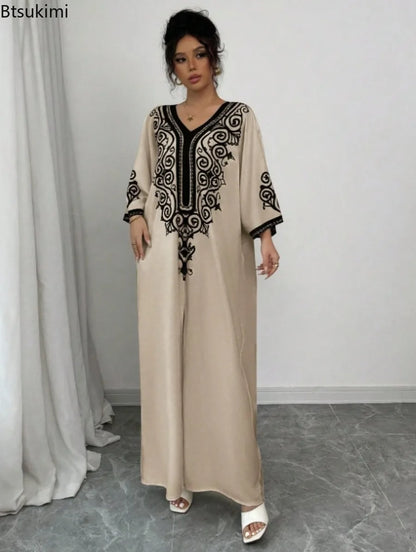 Vestidos Maxi Muçulmanos para Mulheres, Robe Solto com Decote em V, Jalabiya para Festas, Vestido Elegante para o Ramadã, Vestidos Longos, Kaftan Árabe Marroquino, Abayas