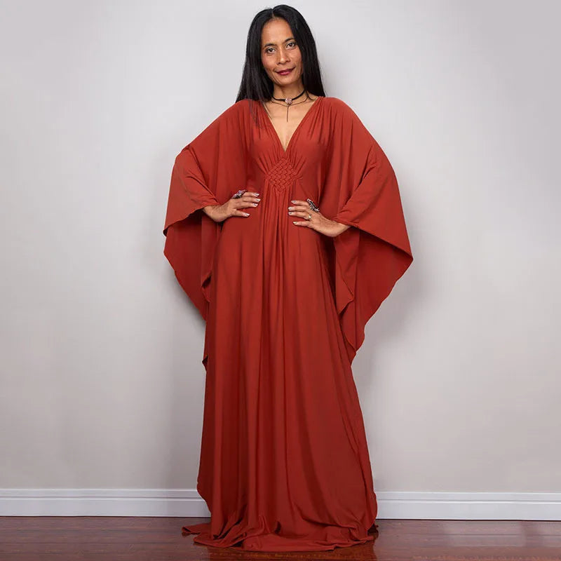 Vestidos caftan plus size para mulheres, cor sólida, plus size, vestido de praia, decote em v, solto, macio, caftan, loungewear
