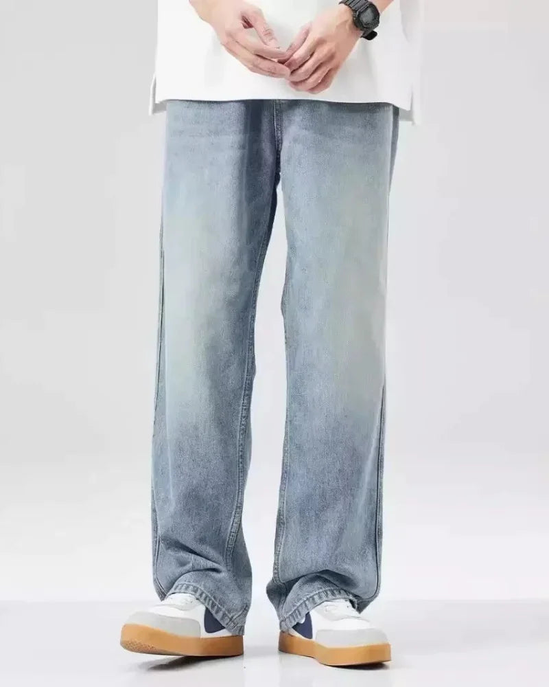 Calças jeans masculinas vintage lavagem perna larga solta jeans casual em linha reta estilo americano rua quatro estações novo 2026