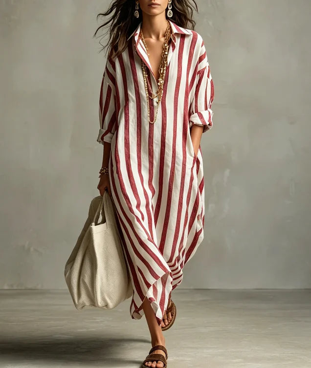 Vestido Chemise Longo Estampado Listrado com Decote V Solto, Tendência Oversize, Moda Primavera/Verão 2026, Novo Modelo para Comércio Europeu e Americano