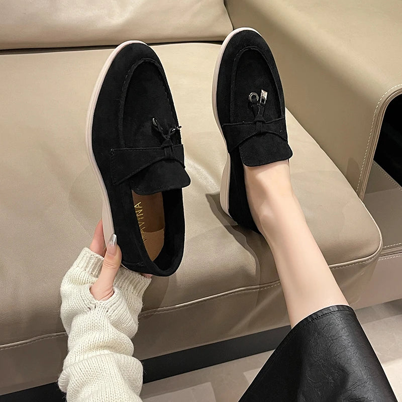 Apartamentos casuais femininos primavera outono nova sola grossa camurça antiderrapante mocassins mulher condução sapatos de plataforma caminhada