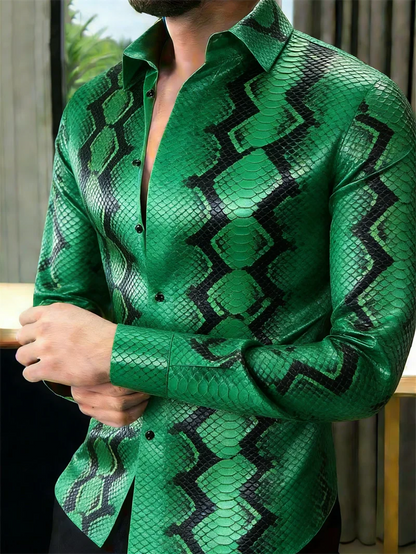 Nova Camisa Masculina Estampada em 3D com Escamas de Cobra, 10 Cores, Casual, de Manga Longa e com Botões