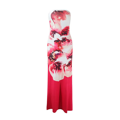 Vestido longo feminino elegante e justo, sem alças, com estampa, perfeito para férias na praia. Ideal para o verão