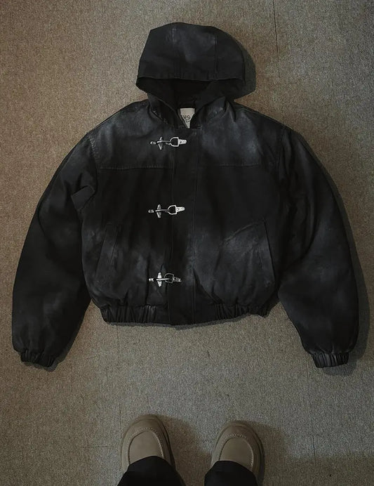 Jaqueta Masculina Americana com Botões de Pressão, Estilo High Street Oversized, Moletom com Capuz Y2K Retrô Harajuku Punk, Roupa Masculina