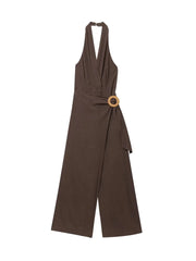Moda feminina halter pescoço macacão sem costas zíper lateral playsuit fivela detalhe roupas femininas