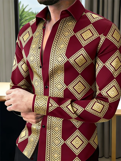 Nova camisa masculina de manga comprida com estampa 3D de trevo, padrão de alta qualidade, casual, com gola.