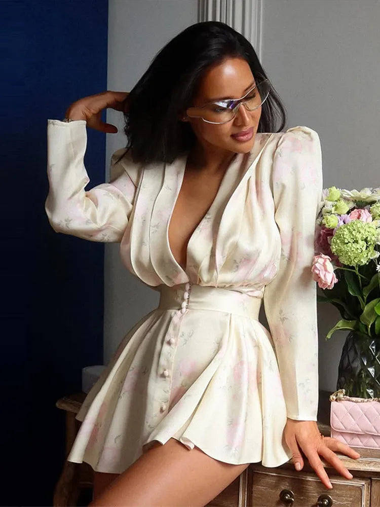 Vestido Estampado Feminino de Cetim Floral Mini com Decote V Profundo, Mangas Bufantes e Cintura Peplum - Vestido de Festa Duas Peças para Mulheres