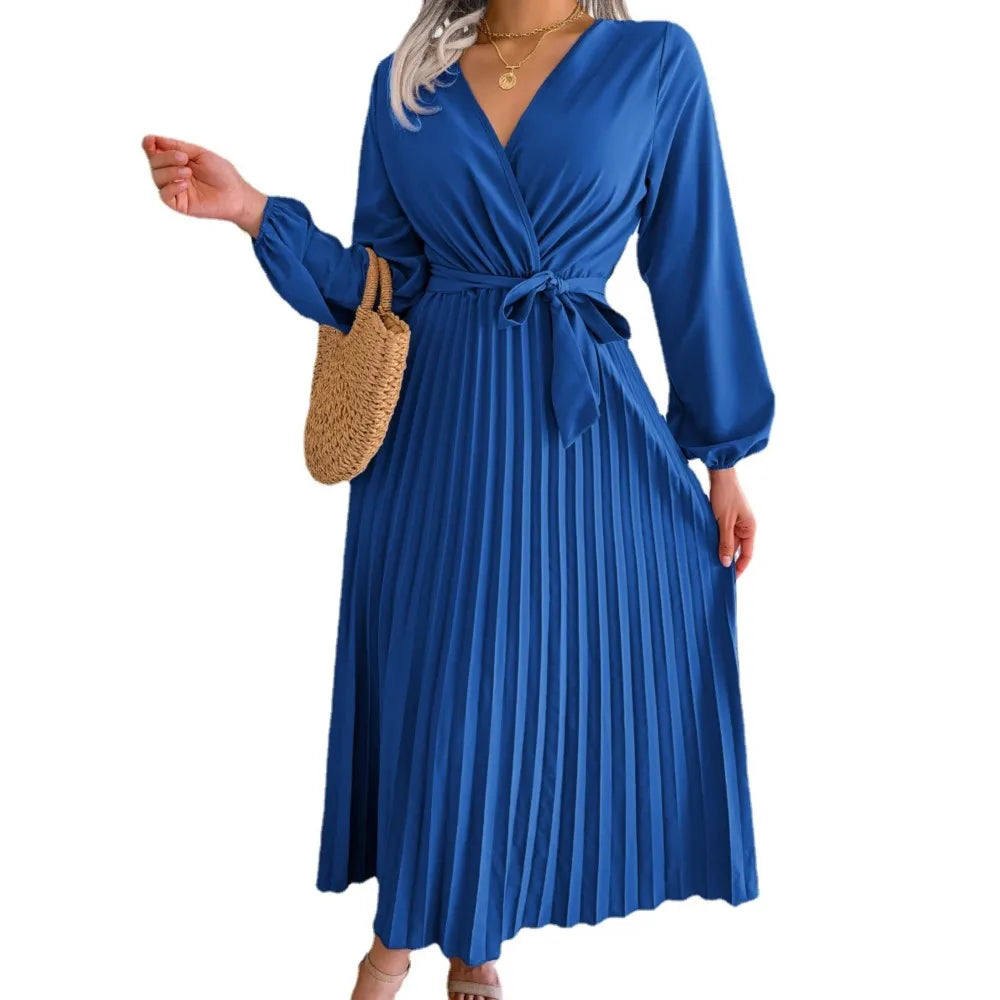 Vestido Feminino Longo Verde de Outono 2026 Novo, Manga Comprida, Cor Sólida, Decote V Cruzado com Cadarço, Saia Plissada Ampla - Roupas Femininas