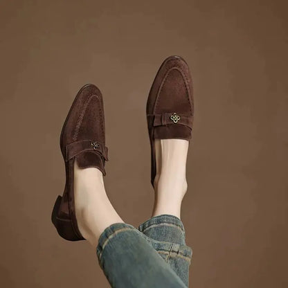 Sapatos Femininos Elegantes de Camurça de Carneiro para Primavera, com Salto Grosso, Estilo Oxford, Slip-On, Casual de Negócios, com Flores Metálicas, Loafers e Scarpins