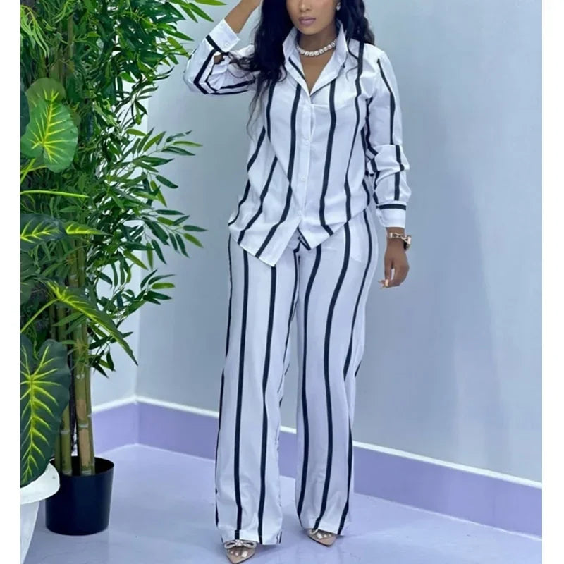 Moda africana feminina conjunto de duas peças listra impresso outono casual botão manga comprida camisa calças perna larga conjunto de duas peças feminino