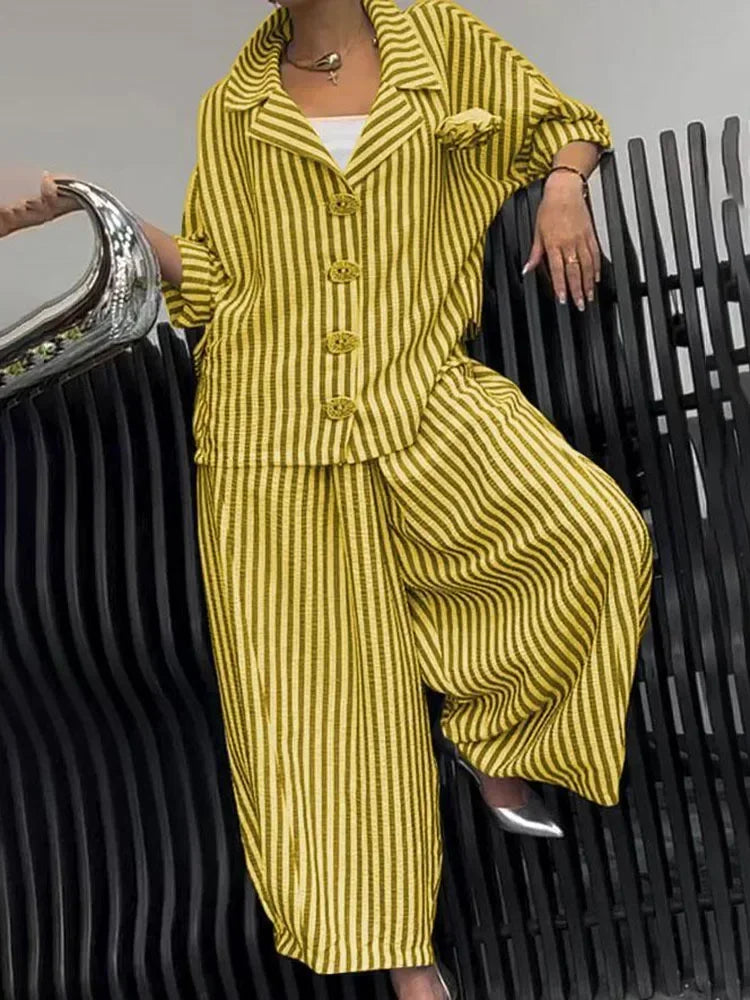 2025 Spring Fall Women's 2 Piece Set Suit Office Lady Floral Striped Loose Blazer Casual Wide Leg Pants Suits For Women Clothing