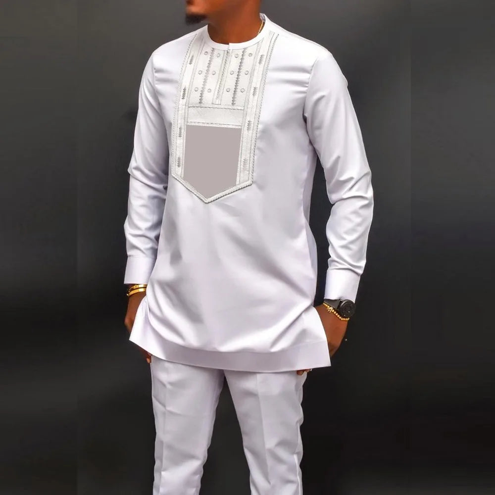 Novo Terno Masculino 2025, Bolso Branco, Conjunto de 2 Peças, Terno Casual de Luxo para Casamento, Estilo Tradicional Africano de Minorias Étnicas