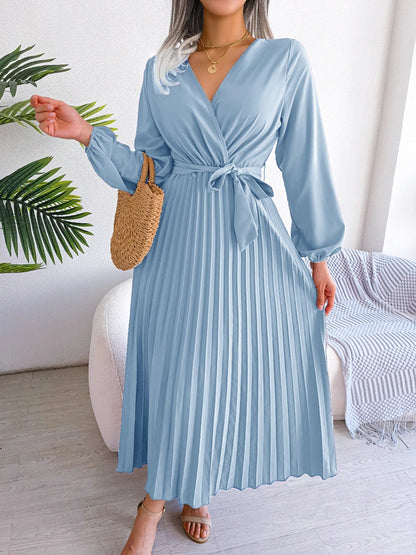 Vestido maxi feminino elegante com decote em V e manga comprida plissado