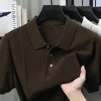 Camisa polo masculina de manga curta, cor sólida, confortável, em tecido jacquard de luxo, de alta qualidade, nova, fina, casual, para o verão.