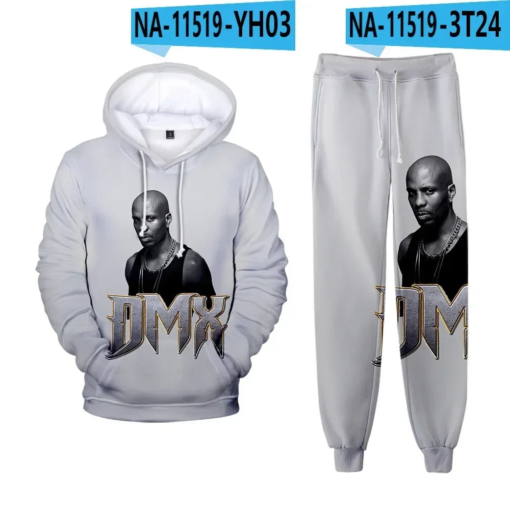 Hip hop rapper dmx impressão 3d conjuntos de treino masculino moda terno esportivo moletom com capuz + moletom roupas masculinas 2 peças conjunto