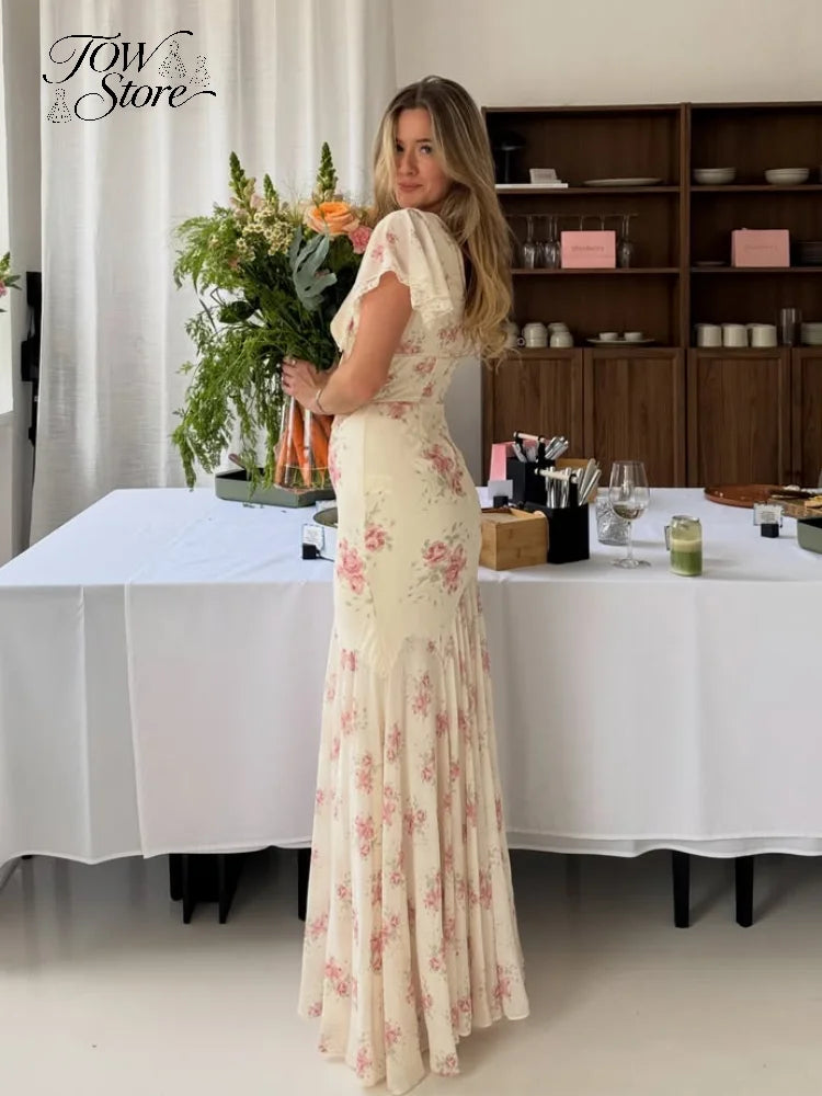 Vestido Longo Plissado com Mangas Borboleta para Mulheres, Decote V Profundo, Estampa Floral, Sexy, com Cintura Ajustável, Vestidos Femininos para Férias e Passeio
