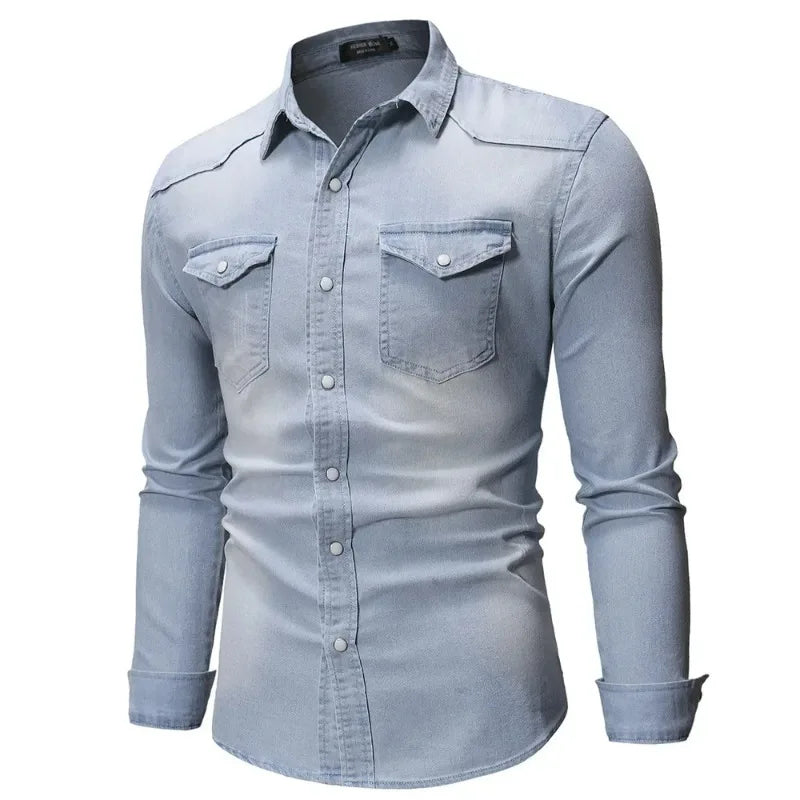 Camisa Jeans Vintage Masculina KIDWHXR com Gola Dobrável, Manga Longa, Slim, Casual, Estilo Cargo, com Botões