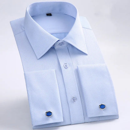 Camisa masculina clássica com punhos franceses, camisa social formal de negócios, ajuste padrão, manga longa, festa de casamento, escritório, trabalho, camisas brancas