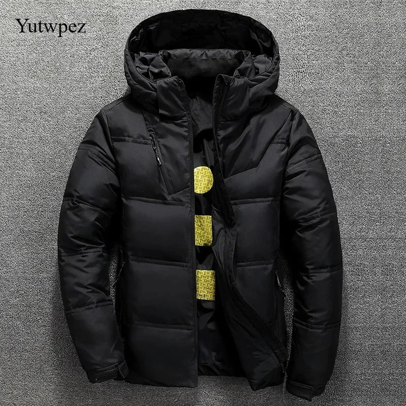 Jaqueta Masculina de Inverno com Plumas de Pato Brancas, Casaco Corta-Vento com Capuz Removível, Parka Casual de Cor Sólida para Atividades ao Ar Livre